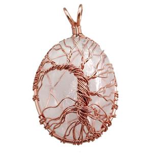 clear quartz oval pendant with tree of life, wire wrapped, approx 30-40mm [GM15388]