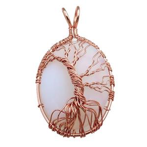 white opalite oval pendant with tree of life, wire wrapped, approx 30-40mm [GM15389]