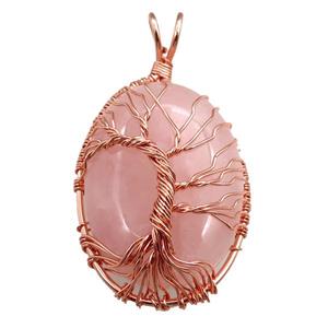 rose quartz oval pendant with tree of life, wire wrapped, approx 30-40mm [GM15390]