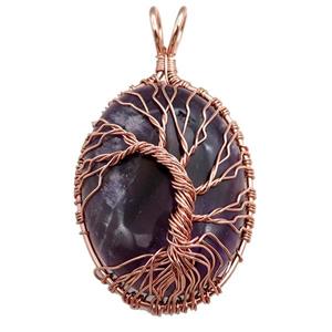 amethyst oval pendant with tree of life, wire wrapped, darkpurple, approx 30-40mm [GM15391]