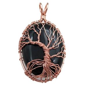 black onyx agate oval pendant with tree of life, wire wrapped, approx 30-40mm [GM15393]