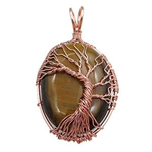 tiger eye stone oval pendant with tree of life, wire wrapped, approx 30-40mm [GM15394]