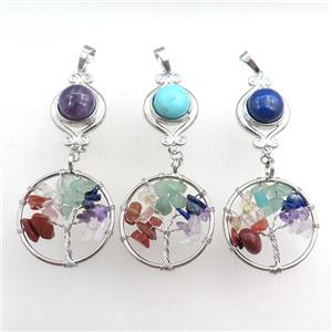 mix gemstone chakra pendant with tree of life, approx 11mm, 18mm, 28mm [GM15480]