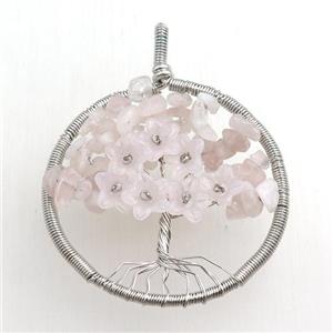 rose quartz pendant, tree of life, wire wrapped, approx 45mm [GM15481]