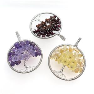 mix gemstone pendant, tree of life, wire wrapped, approx 45mm [GM15487]