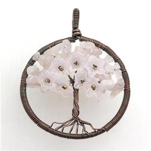 rose quartz pendant, tree of life, wire wrapped, approx 45mm [GM15488]