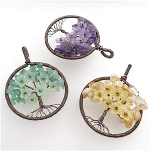 mix gemstone pendant, tree of life, wire wrapped, approx 45mm [GM15494]
