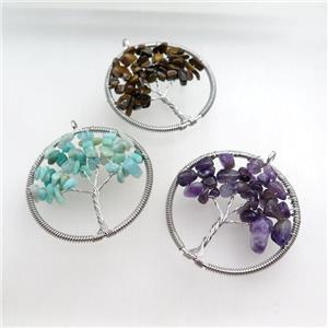 mix gemstone pendant, tree of life, wire wrapped, approx 45mm [GM15505]