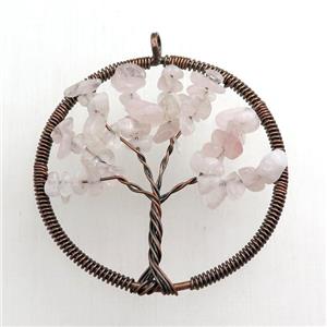 rose quartz pendant, tree of life, wire wrapped, approx 45mm [GM15506]