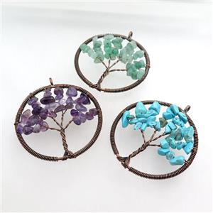 mixed gemstone pendant, tree of life, wire wrapped, approx 45mm [GM15516]