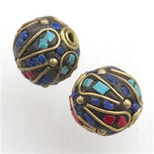 tibetan style beads, brass, round, approx 16mm [GM15584]