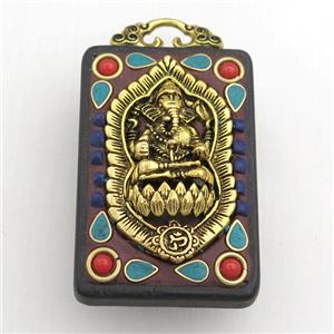 tibetan style ebony narra pendant, brass elephant, rectangle, approx 32-50mm [GM15600]