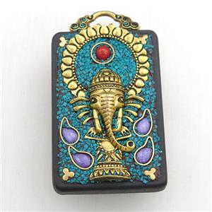 tibetan style ebony narra pendant, brass elephant, rectangle, approx 32-50mm [GM15601]