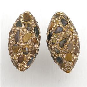 Clay rice beads paved rhinestone with tiger eye stone, approx 15-30mm [GM15602]