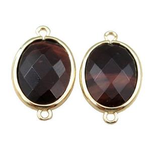 red Tiger eye stone connector, faceted oval, gold plated, approx 13-16mm [GM15633]