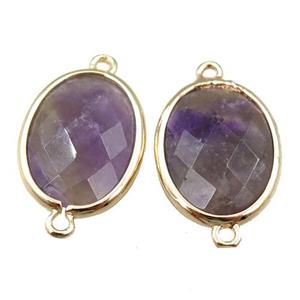 purple Amethyst connector, faceted oval, gold plated, approx 13-16mm [GM15637]