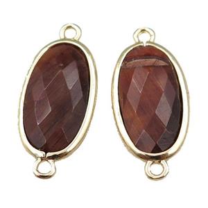 red Tiger eye stone connector, faceted oval, gold plated, approx 12-20mm [GM15643]
