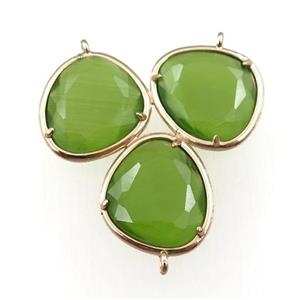 green cats eye stone connector with 3loops, gold plated, approx 35mm [GM15656]