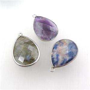 mix gemstone pendant, faceted teardrop, platinum plated, approx 18-25mm [GM15676]