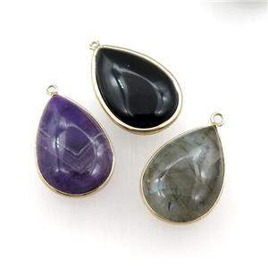 mix gemstone teardrop pendant, smooth, gold plated, approx 20-30mm [GM15695]