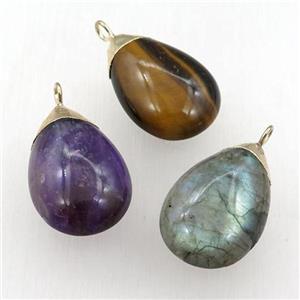 mixed Gemstone teardrop pendant, gold plated, smooth, approx 20-30mm [GM15702]