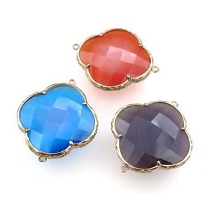 cats eye stone clover connector, faceted, mixed color, approx 40mm [GM15709]