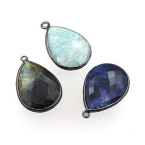 mixed Gemstone pendant, faceted teardrop, black plated, approx 18-25mm [GM15743]