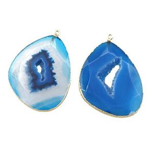 blue Agate druzy geode slab pendant, freeform, gold plated, approx 25-35mm [GM15749]