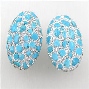 clay oval beads paved rhinestone with turquoise, approx 25-45mm [GM15903]