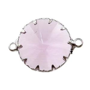 pink crystal glass circle connector, platinum plated, approx 17mm dia [GM15939]