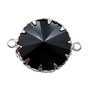 black crystal glass circle connector, platinum plated, approx 17mm dia [GM15940]