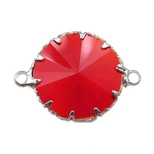 red crystal glass circle connector, platinum plated, approx 17mm dia [GM15943]