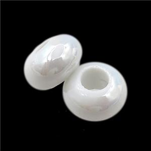 Europe style white Pearlized Glass rondelle beads, AB-color electroplated, approx 15mm dia, 6mm hole [GM15969]