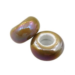 Europe style brown Pearlized Glass rondelle beads, AB-color electroplated, approx 15mm dia, 6mm hole [GM15972]