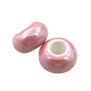 Europe style pink Pearlized Glass rondelle beads, light electroplated, approx 15mm dia, 6mm hole [GM15973]