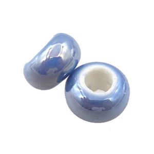 Europe style blue Pearlized Glass rondelle beads, AB-color electroplated, approx 15mm dia, 6mm hole [GM15975]