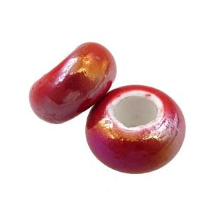 Europe style red Pearlized Glass rondelle beads, AB-color electroplated, approx 15mm dia, 6mm hole [GM15982]