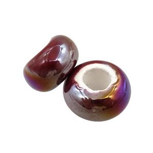 Europe style darkred Pearlized Glass rondelle beads, AB-color electroplated, approx 15mm dia, 6mm hole [GM15983]