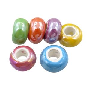 Europe style Pearlized Glass rondelle beads, large hole, electroplated, mixed, approx 15mm dia, 6mm hole [GM15984]