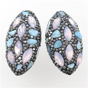 Clay oval beads paved rhinestone with larimar, approx 20-40mm [GM16157]