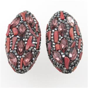 Clay oval beads paved rhinestone with red coral, approx 20-40mm [GM16158]