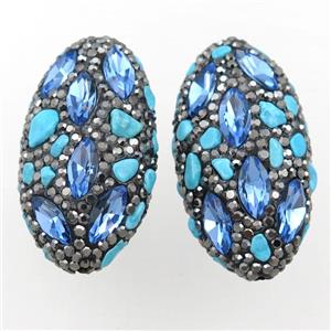 Clay oval beads paved rhinestone with turquoise, approx 20-40mm [GM16162]