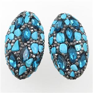 Clay oval beads paved rhinestone with turquoise, approx 20-40mm [GM16163]