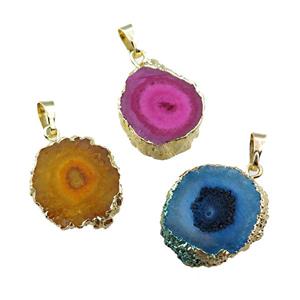 solar quartz druzy slice pendant, mixed color, gold plated, approx 18-25mm [GM16173]