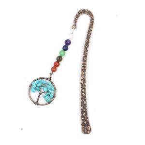 Zinc bookmark charm with tree of life, gemstone chakra, turquoise, antique red, approx 12.5cm, 30mm [GM16220]