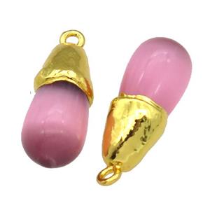 pink Cat eye stone pendant, teardrop, gold plated, approx 10-25mm [GM16291]