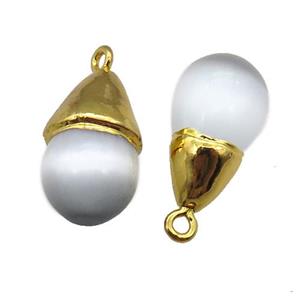 white Cat eye stone pendant, teardrop, gold plated, approx 12-20mm [GM16300]