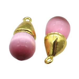 pink Cat eye stone pendant, teardrop, gold plated, approx 12-20mm [GM16301]