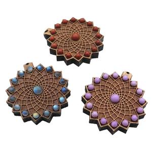 wood pendant pave gemstone, mix, approx 43mm [GM16326]