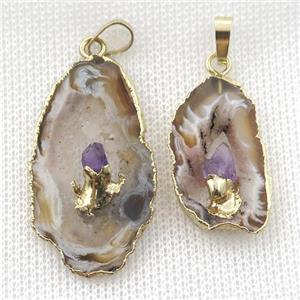 Agate Druzy slice pendant, gold plated, approx 15-33mm [GM16402]